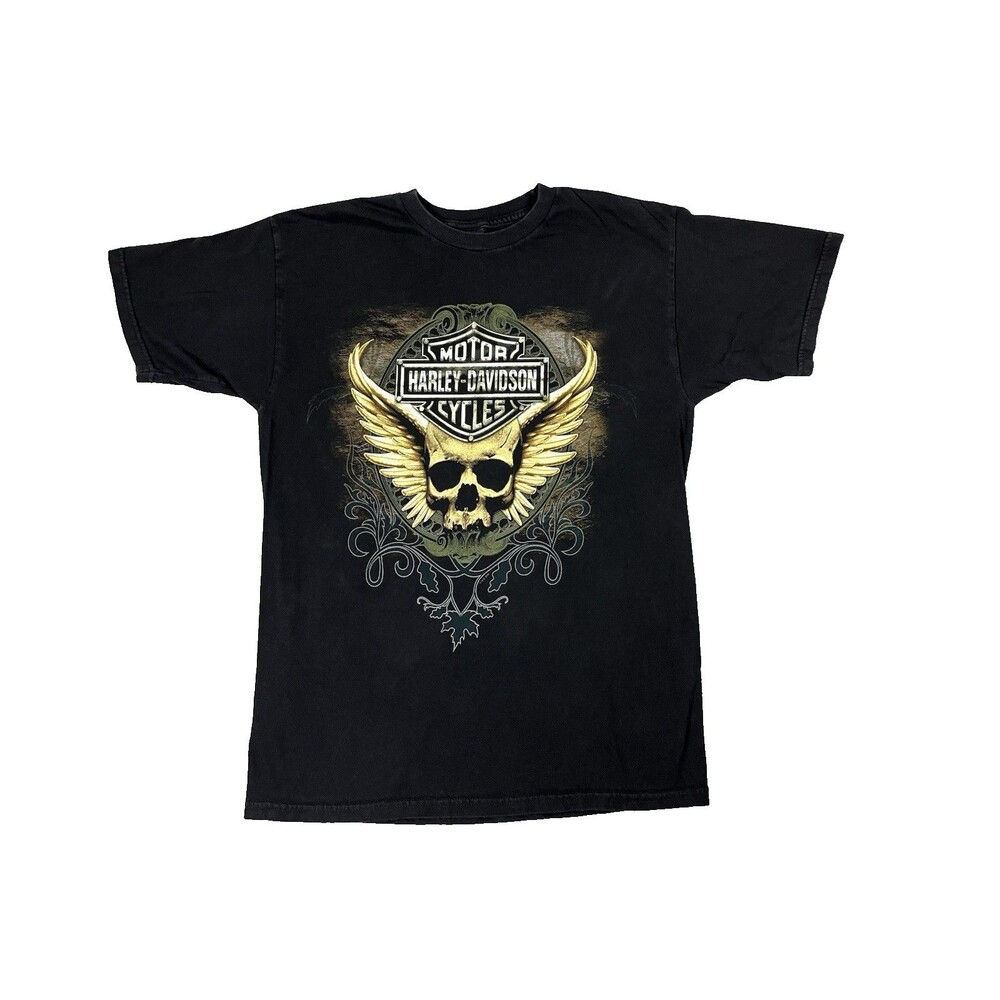 Harley-Davidson Motorcycle T-Shirt Mens Medium Black Skull Wings Graphic Tee CA